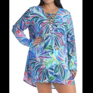 La Blanca Plus Size Palm Lace-up Tunic Swimsuit Cover-up